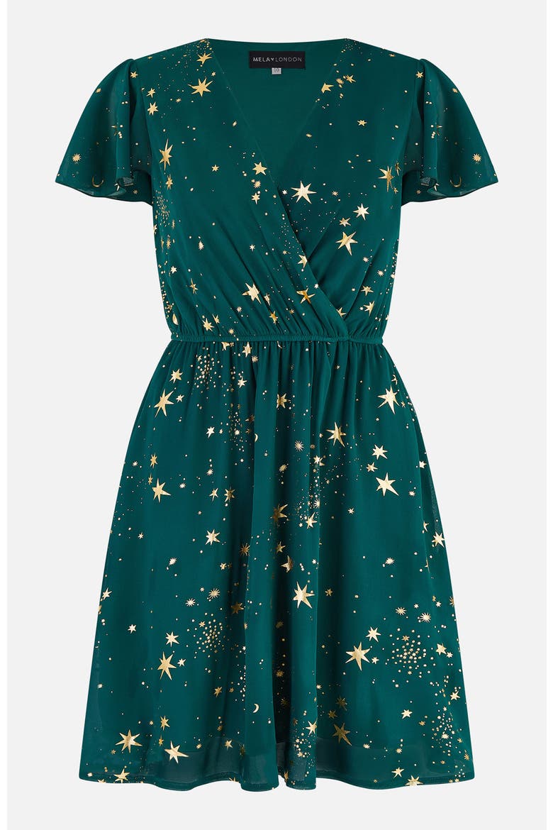 Foil Star Print Wrap Skater Dress, Alternate, color, Green
