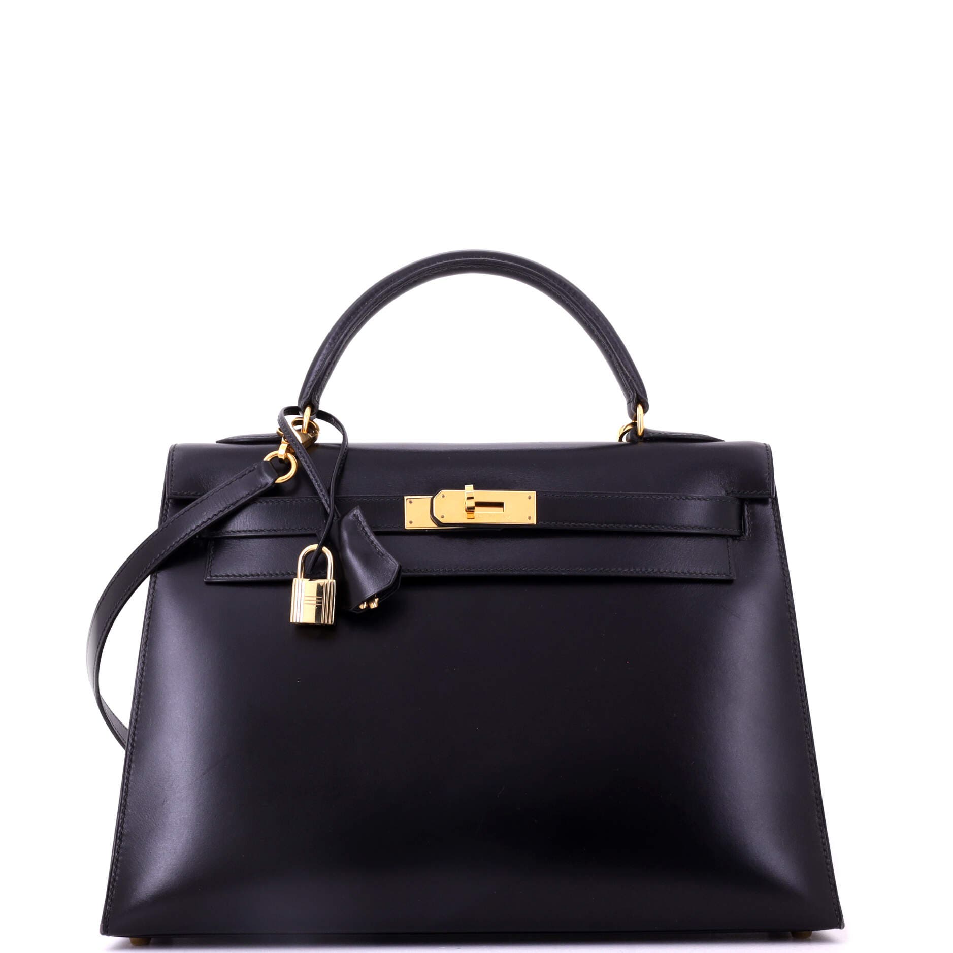 Pre-Owned Hermes Kelly Handbag Black Box Calf with Gold Hardware 32, Main, color, Noir