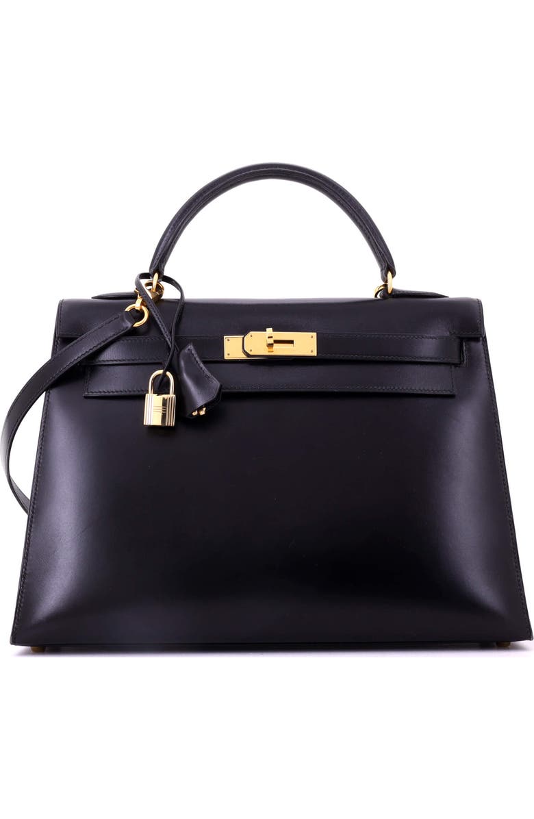 Pre-Owned Hermes Kelly Handbag Black Box Calf with Gold Hardware 32, Main, color, Noir