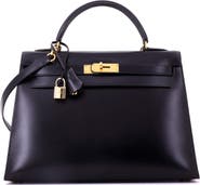 Pre-Owned Hermes Kelly Handbag Black Box Calf with Gold Hardware 32
