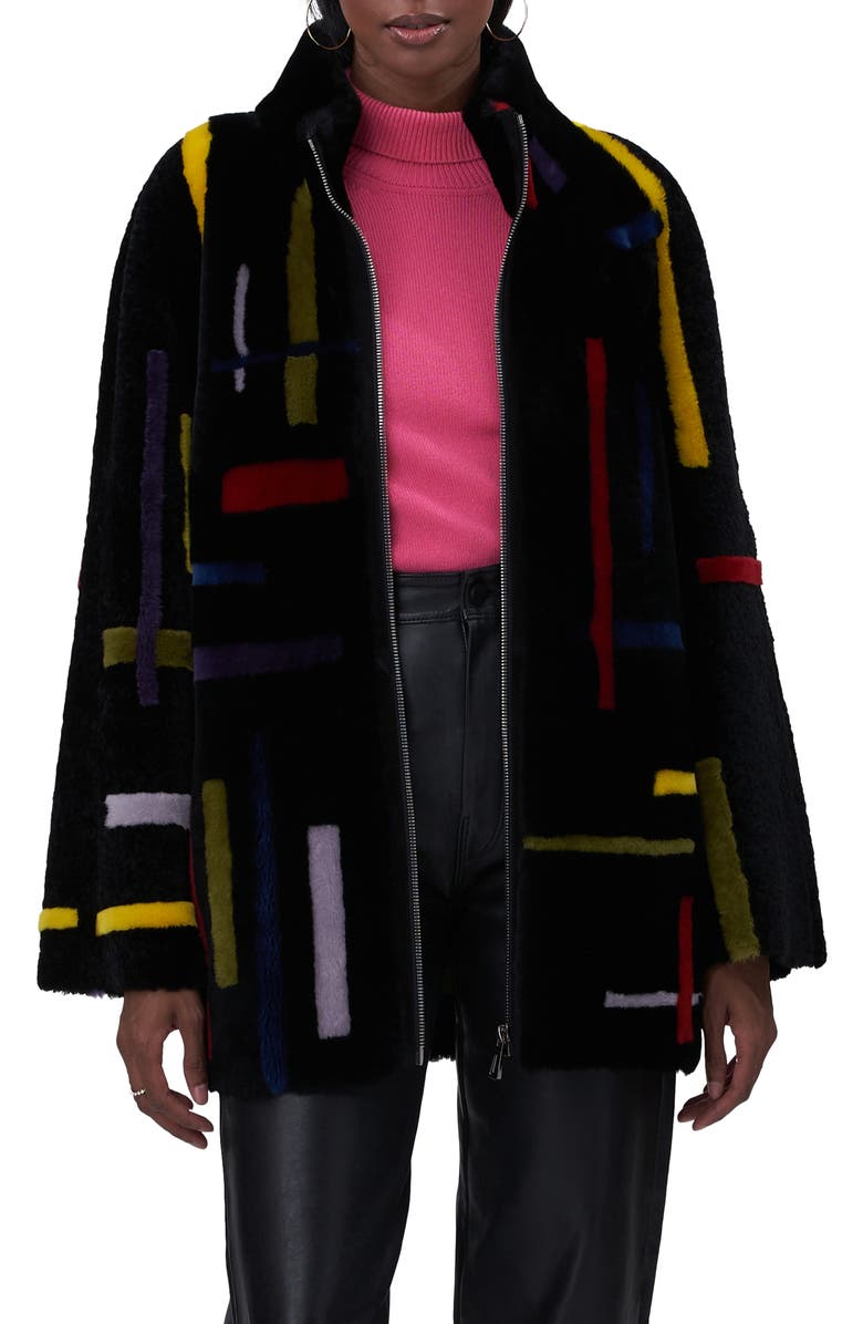 GORSKI Genuine Shearling Zip Jacket With Abstract Intarsia, Alternate, color, Black/Multi Intarsia
