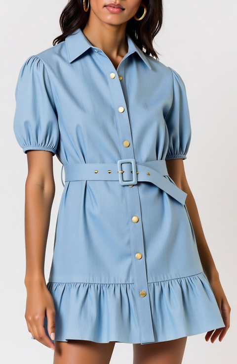 Short Sleeve Belted Button-Up Mini Dress with Puff Sleeves