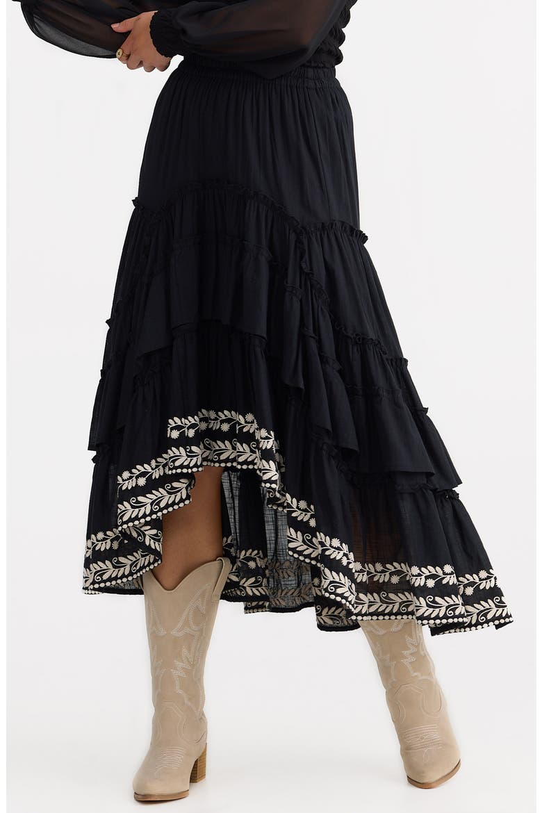 Sassy Tiered Ruffle Embroidered High-Low Skirt, Main, color, BLACK W OFF WHITE