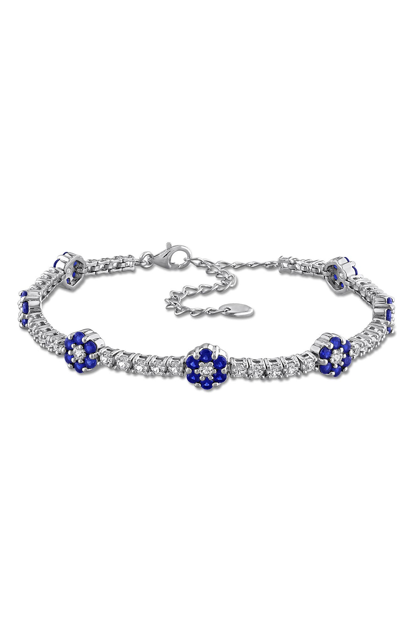 Sterling Silver Created Sapphire Floral Cluster Line Bracelet