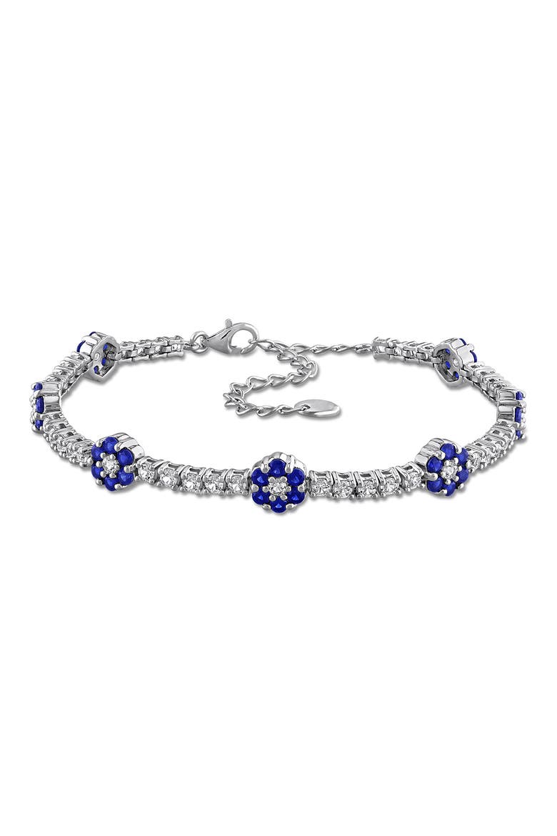 Sterling Silver Created Sapphire Floral Cluster Line Bracelet, Main, color, BLUE