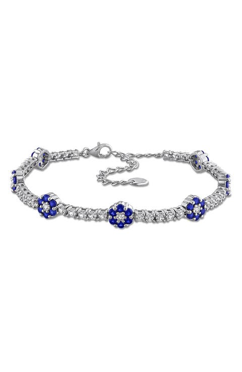 Sterling Silver Created Sapphire Floral Cluster Line Bracelet
