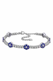 Sterling Silver Created Sapphire Floral Cluster Line Bracelet