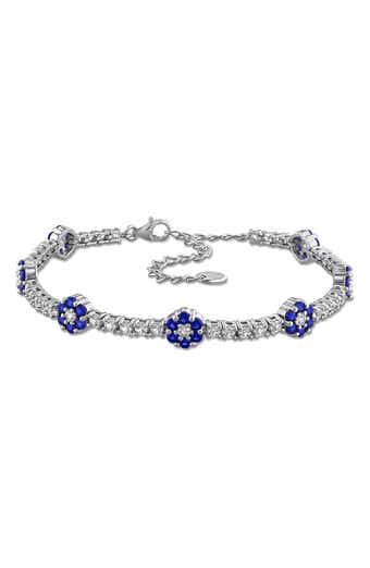 Sterling Silver Created Sapphire Floral Cluster Line Bracelet
