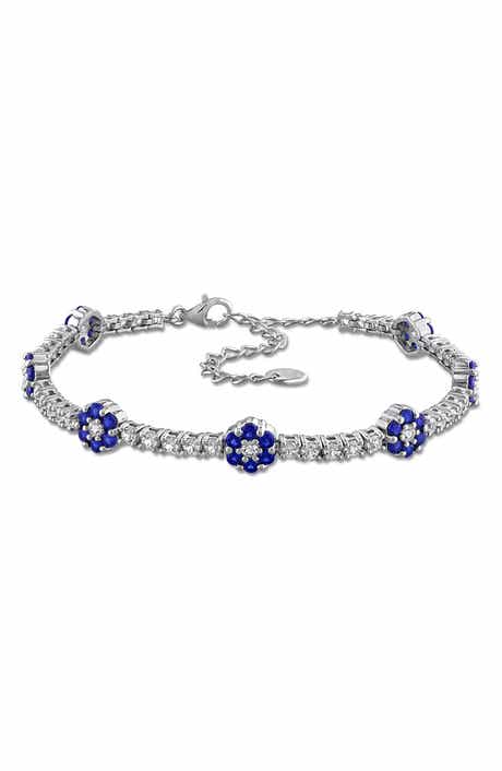 Sterling Silver Created Sapphire Floral Cluster Line Bracelet