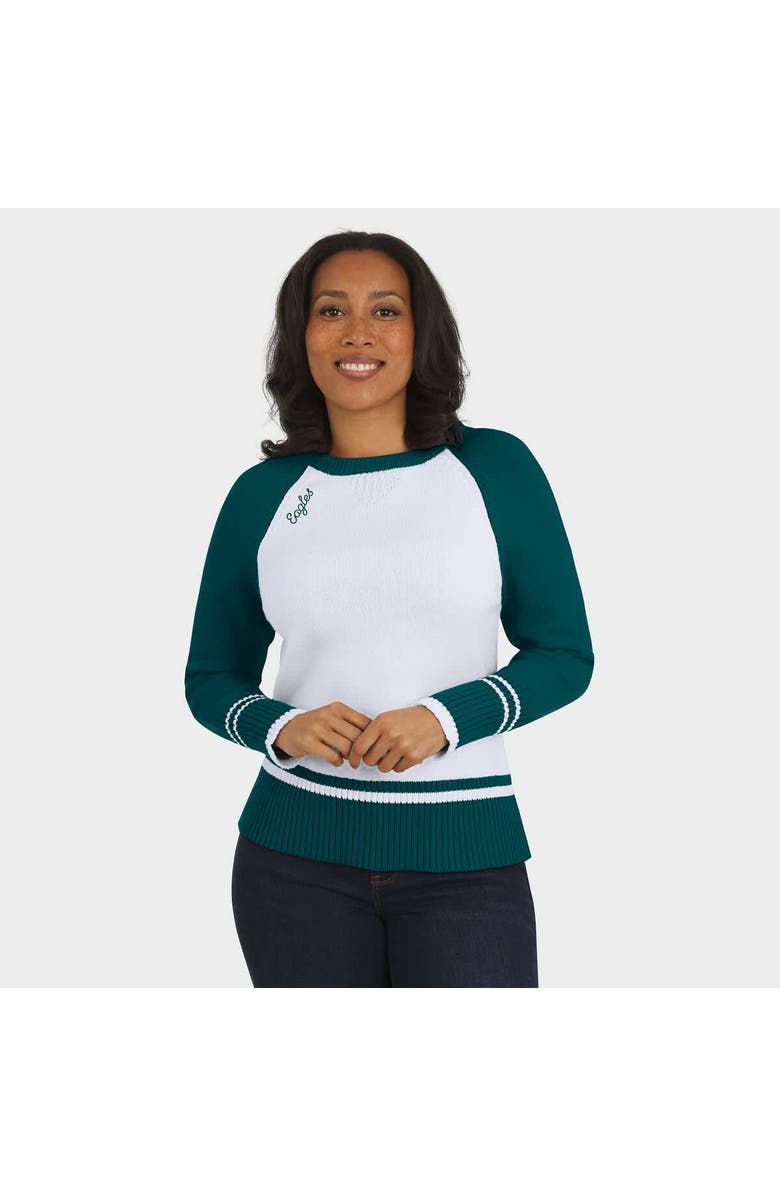 WEAR by Erin Andrews Women
s WEAR by Erin Andrews White/Midnight Green Philadelphia Eagles Colorblock Raglan Sweater, Main, color, White