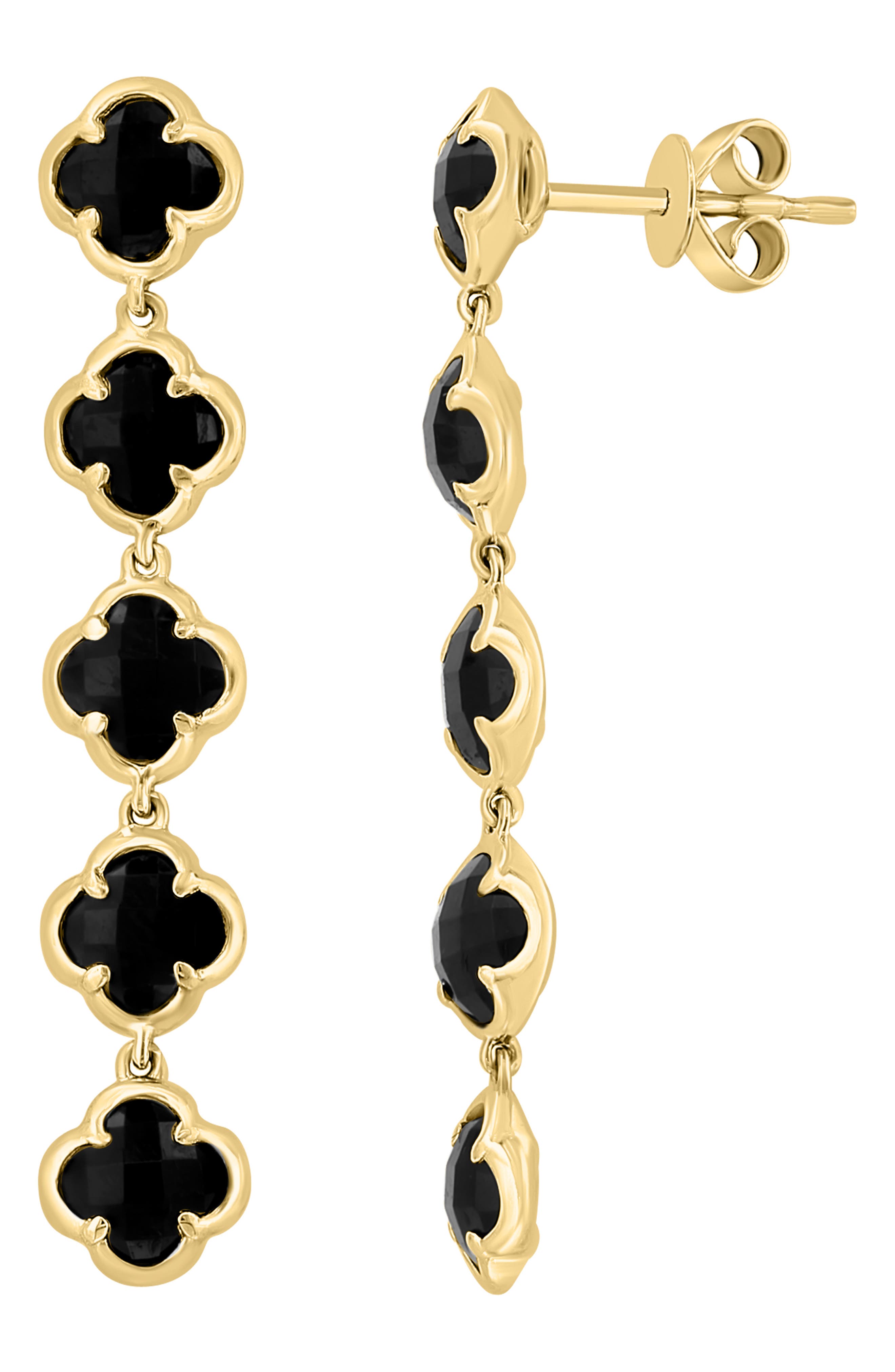 EFFY 14K Yellow Gold Onyx Clover Linear Drop Earrings