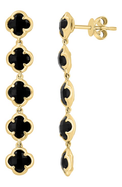 14K Yellow Gold Onyx Clover Linear Drop Earrings