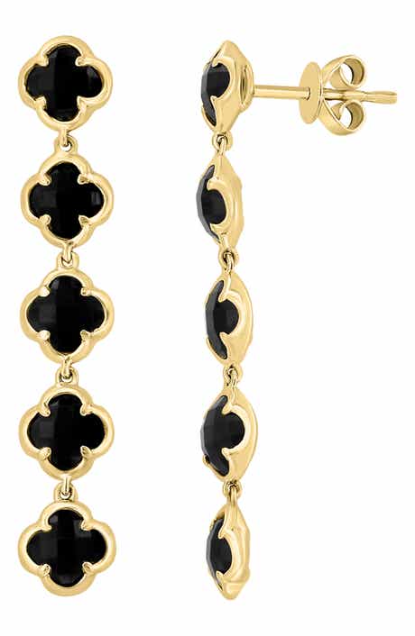 EFFY 14K Yellow Gold Onyx Clover Linear Drop Earrings