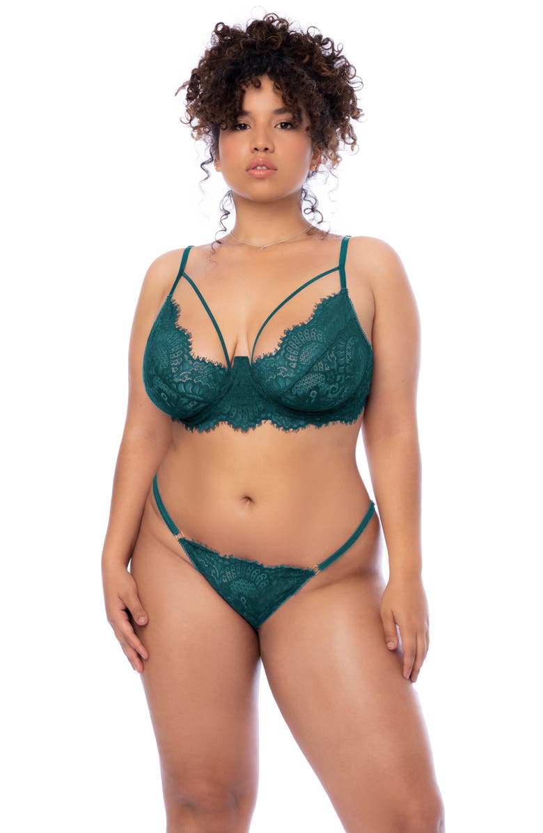 Mapale Eyelash Lace Underwire Bra, Thong & Garter Belt Set, Alternate, color, Sea Green