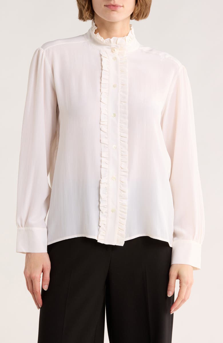 SANDRO Patie Ruffle Silk Button-Up Shirt, Main, color, Blanc