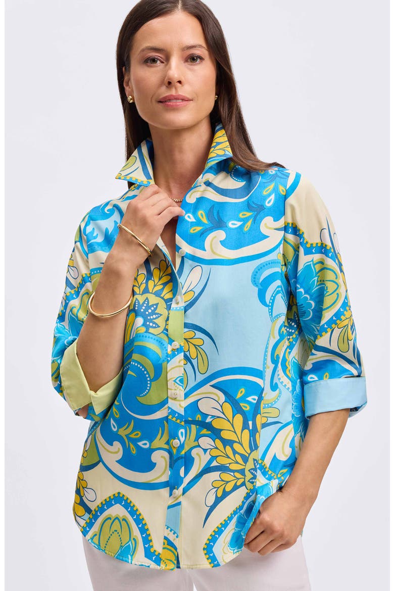 Margie Three-Quarter Sleeve Cotton Button-Up Shirt, Alternate, color, BLUE/ GREEN/ WHITE