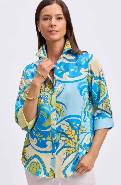 FOXCROFT FOXCROFT MARGIE THREE-QUARTER SLEEVE COTTON BUTTON-UP SHIRT 