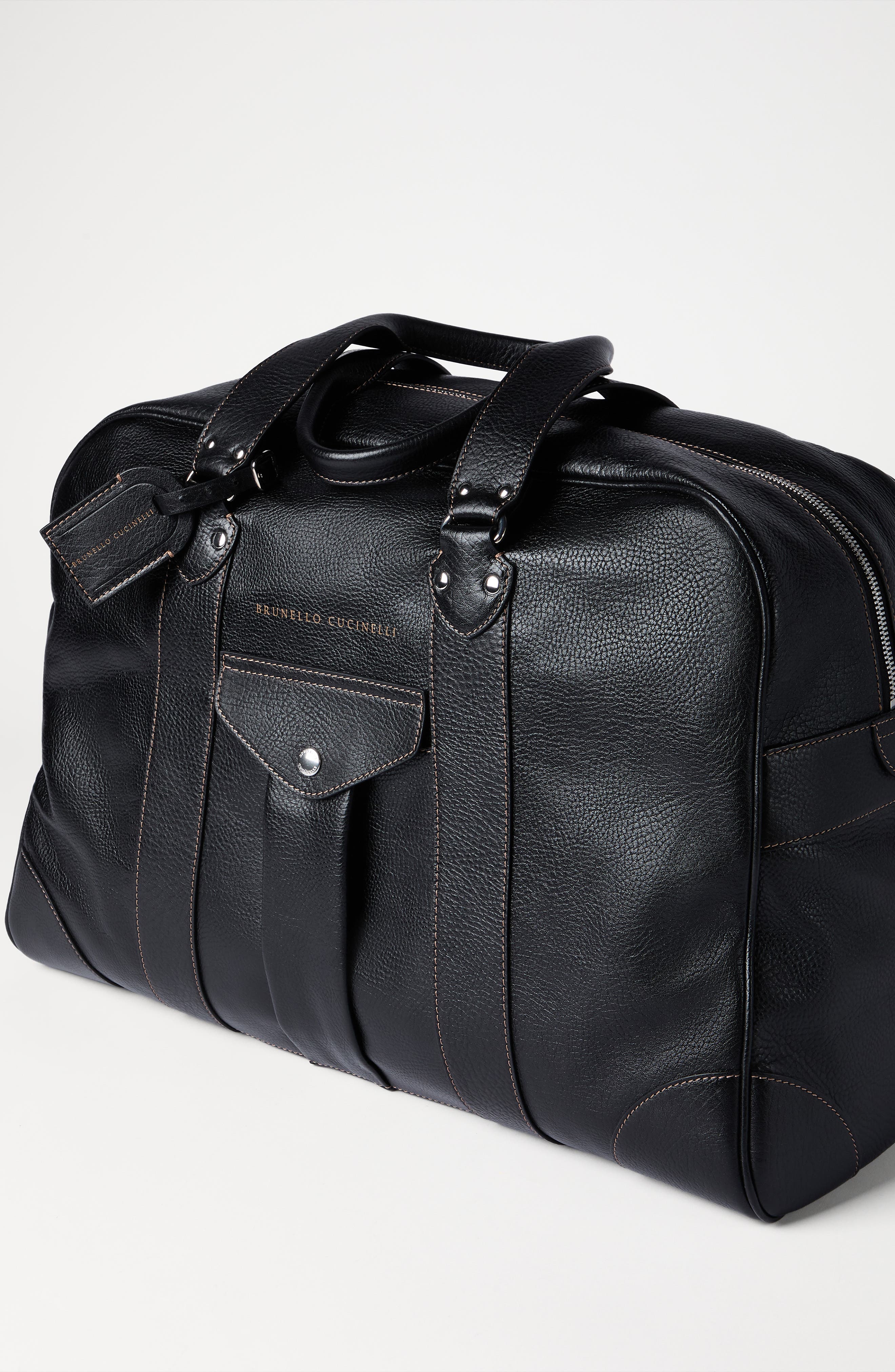 Brunello Cucinelli Grained calfskin street bag, Alternate, color, Black