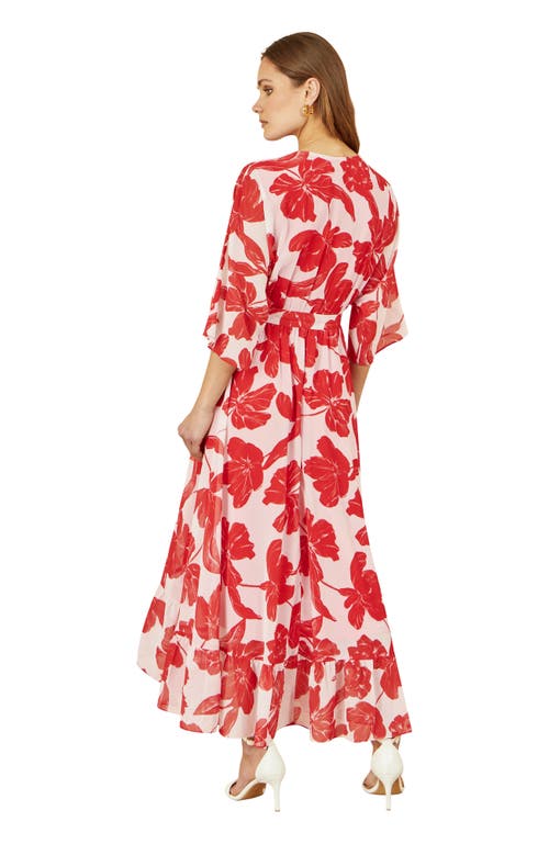 Yumi Kimono Sleeves Dip Hem Wrap Midi Dress In Red