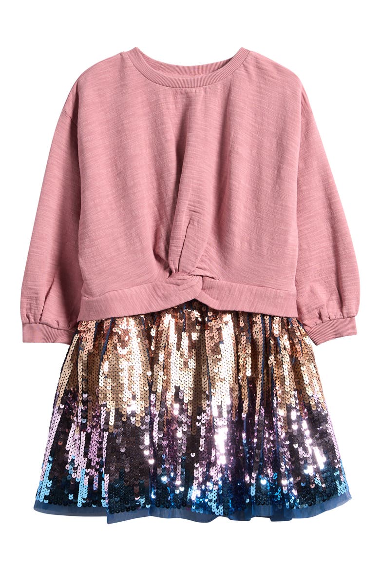 Kids' Mixed Media Long Sleeve Twist Front Sequin Dress, Main, color, PINK