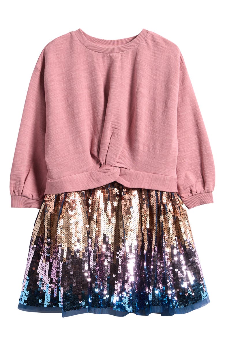NEXT Kids' Mixed Media Long Sleeve Twist Front Sequin Dress, Main, color, Pink