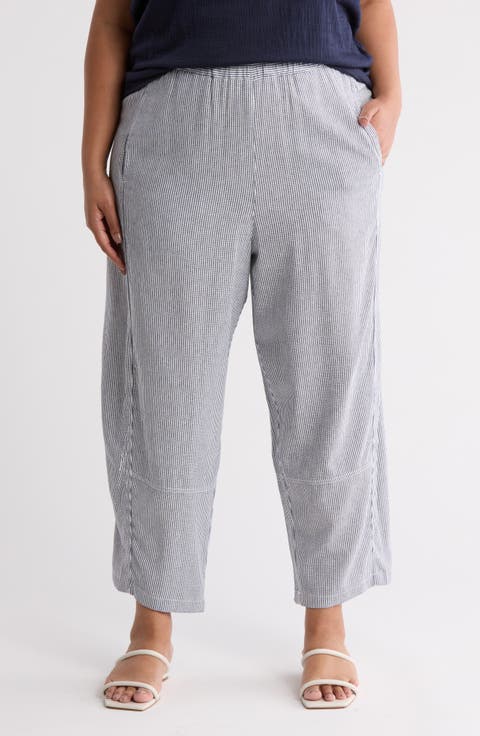 Stripe Linen Blend Crop Barrel Leg Pants (Plus)
