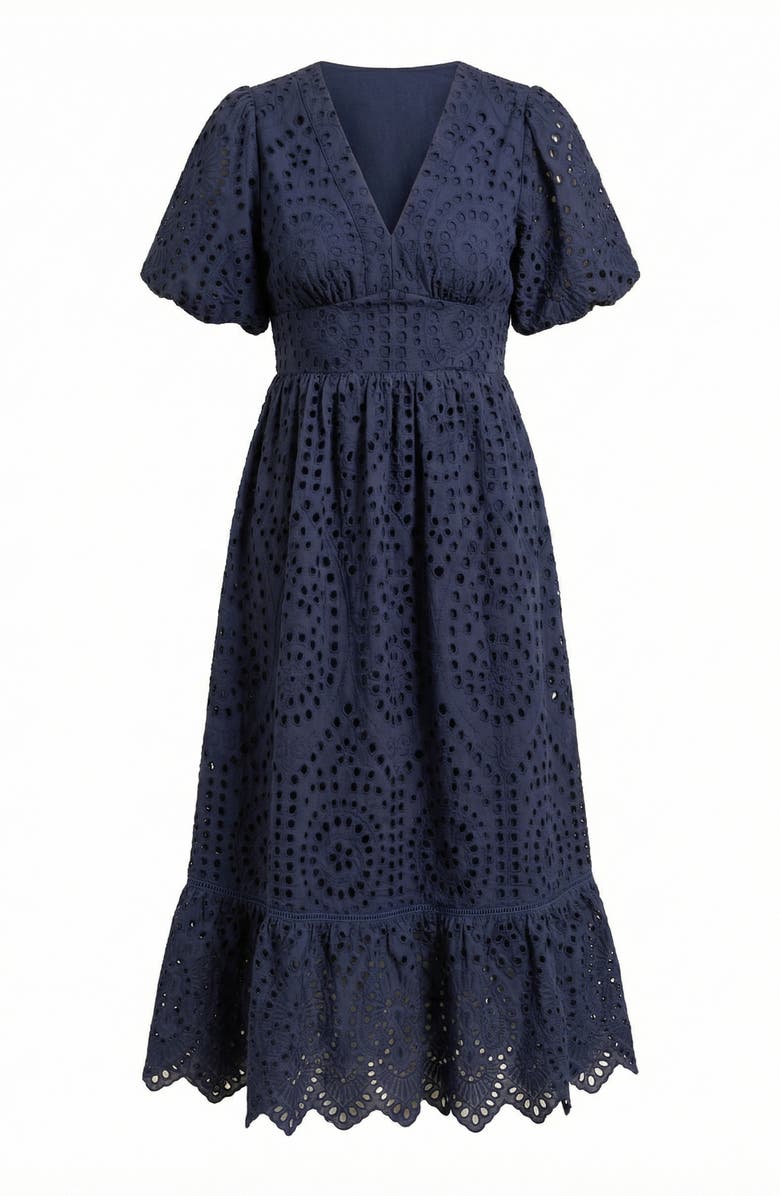 Modenaire Puff Sleeve Eyelet Smocked Midi Dress, Alternate, color, Navy Blue