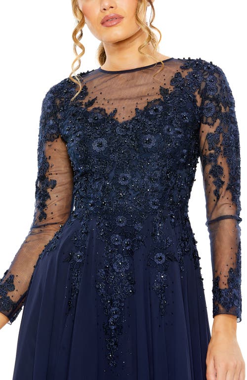 Mac Duggal Hand-embellished Lace Gown With Jeweled Embroidery In Blue