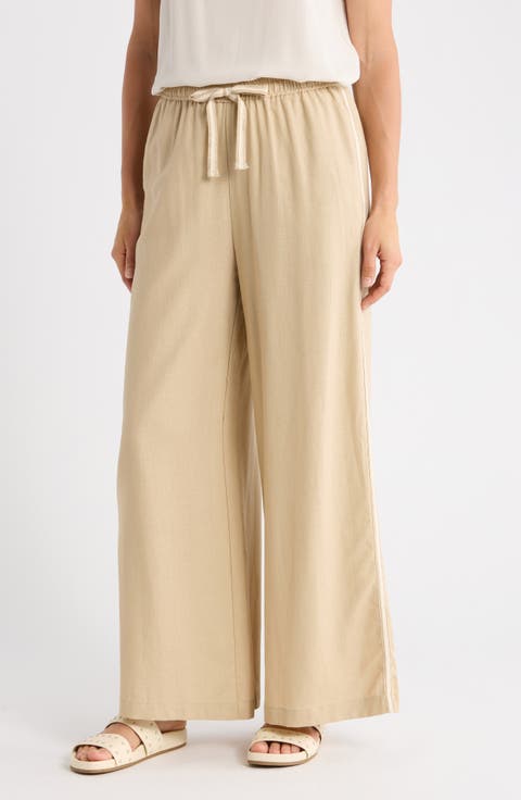 Side Stripe Linen Blend Wide Leg Pants