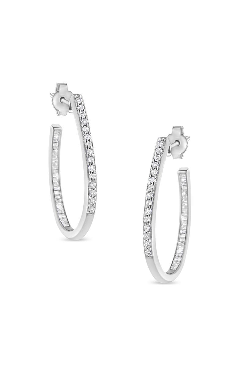 Haus of Brilliance Silver 1/2 Ct Round and BaguetteDiamond Inside-Outside Hoop Earrings, Main, color, White