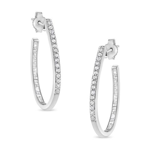 Silver 1/2 Ct Round and BaguetteDiamond Inside-Outside Hoop Earrings