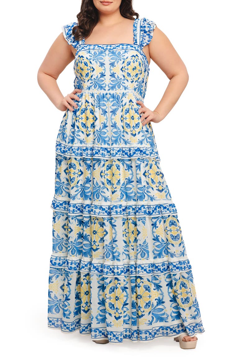 Ruffle Strap Tiered Maxi Dress, Main, color, OFF WHITE BLUE