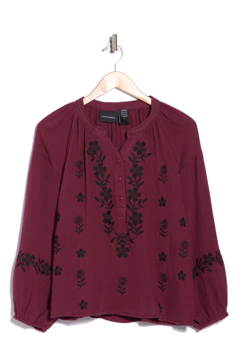 Embroidered Cotton Gauze Top, Main, color, BURGUNDY/ BLACK