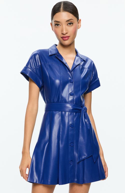 Alice And Olivia Shirley Short Sleeve Vegan Leather Pleated Mini Shirt Dress In Royal