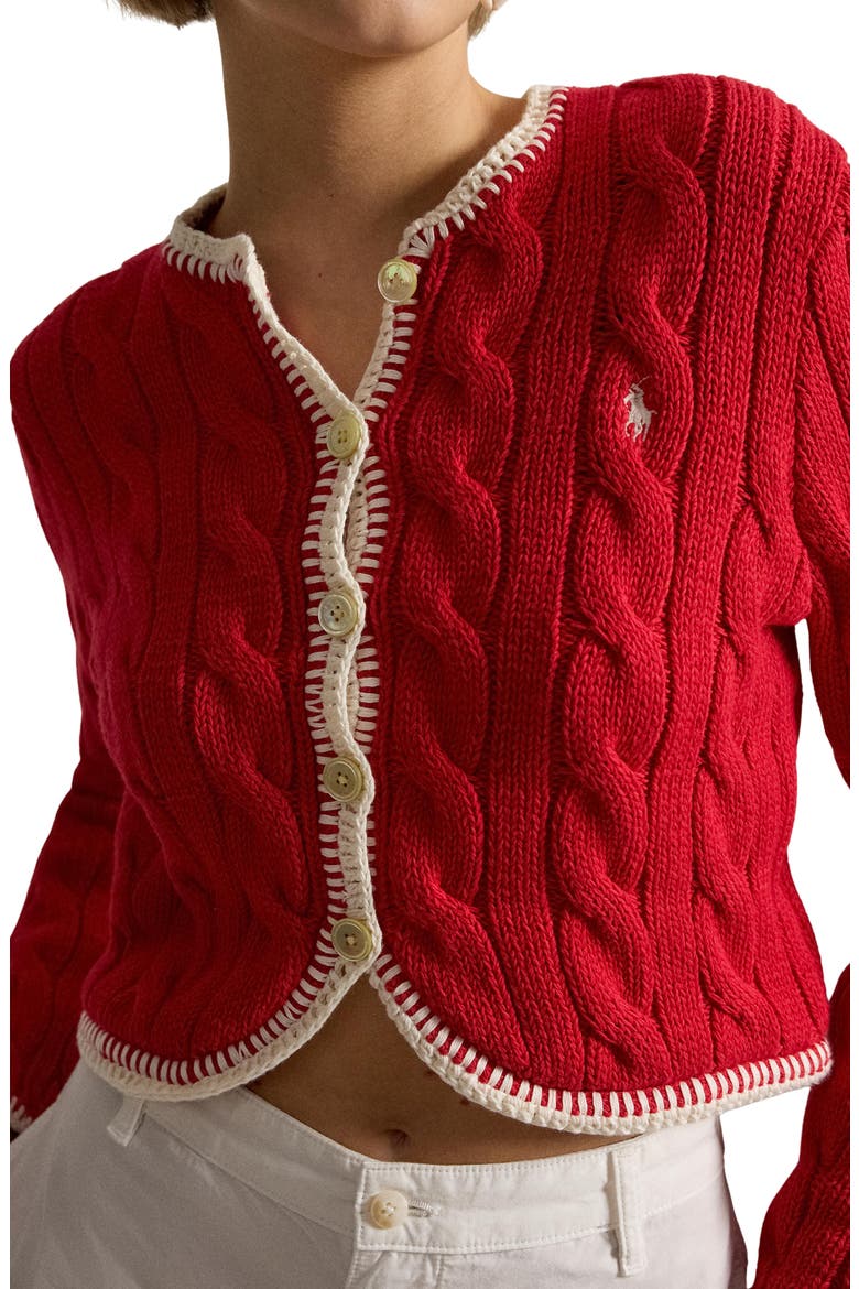 Whipstitch Trim Cable Stitch Cardigan, Alternate, color, CRUISE RED