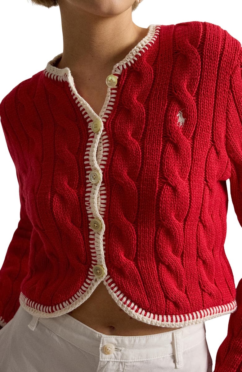 Polo Ralph Lauren Cable Knit Button Front Crop Cardigan, Alternate, color, Cruise Red
