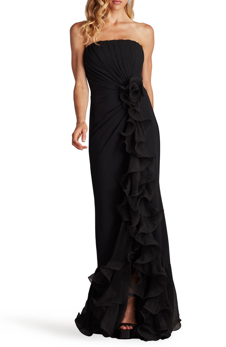 Tadashi Shoji Ruffle Detail Strapless Gown, Alternate, color, Black