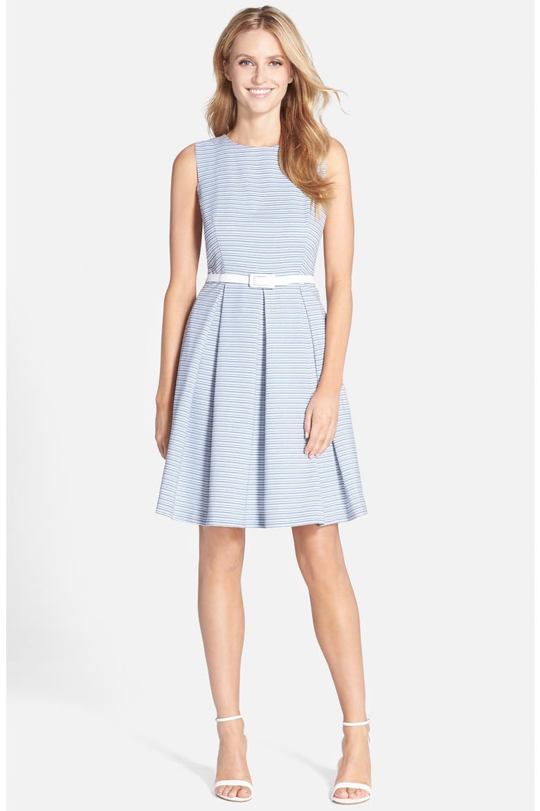 Belted Stripe Ottoman Fit & Flare Dress, Alternate, color, DENIM/ WHITE