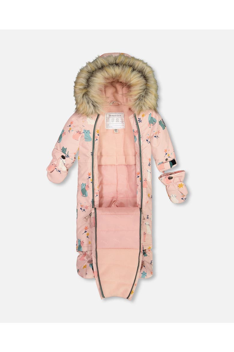 Baby Girl's One Piece Baby Snowsuit Light Pink Printed Cats Designed For Car Seat, Alternate, color, Printed Cats