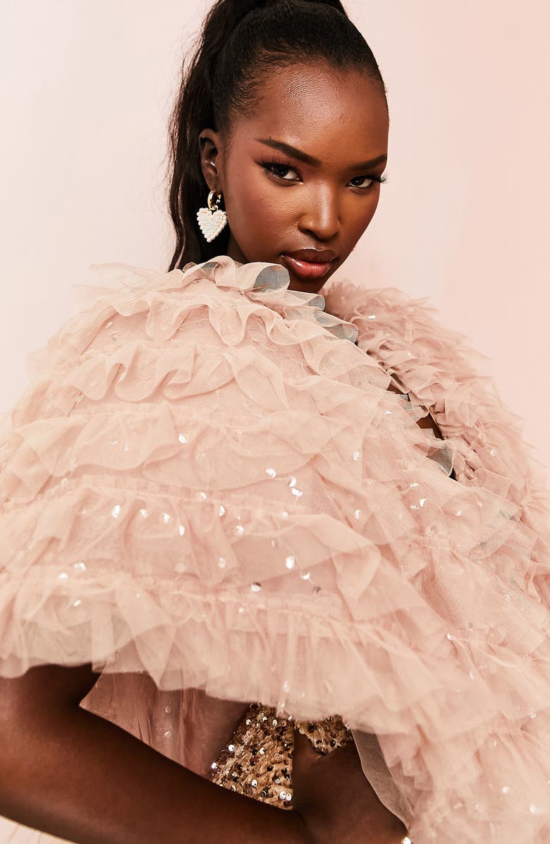 ASOS DESIGN Sequin & Tulle Cape Minidress, Alternate, color, Gold