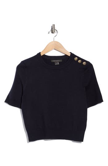 French Connection Button Trim Short Sleeve Sweater In Black