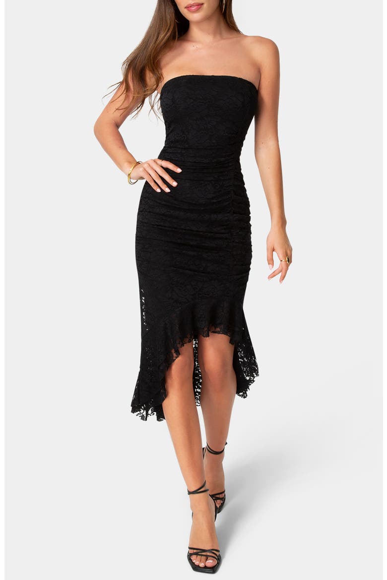 Lace Ruffle Strapless Midi Dress, Main, color, SAGE