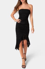 bebe Lace Ruffle Strapless Midi Dress