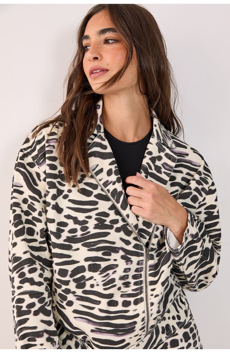 NASTY GAL Denim Animal Print Biker Jacket, Alternate, color, White