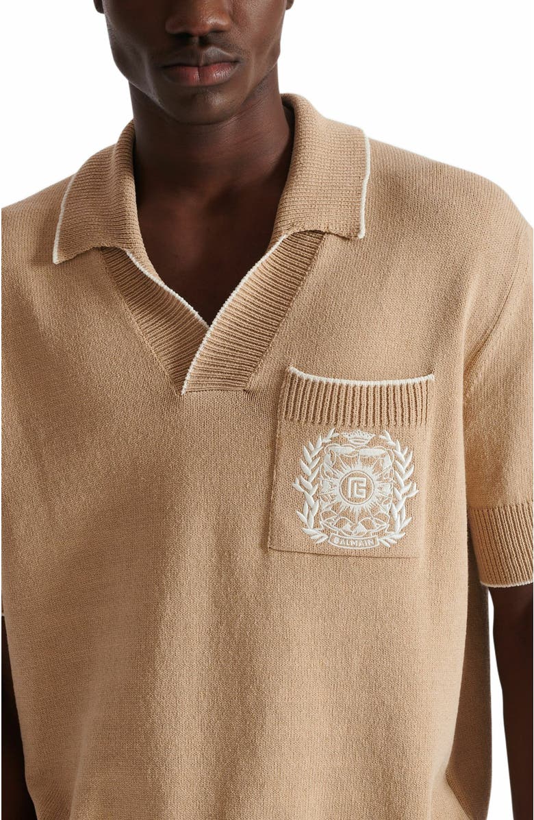 Balmain Écusson Embroidered Knit Polo Shirt, Alternate, color, Beige