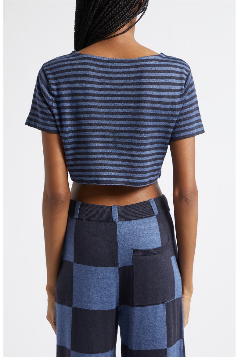 Daisy Stripe Crop Short Sleeve Linen Sweater, Alternate, color, DENIM