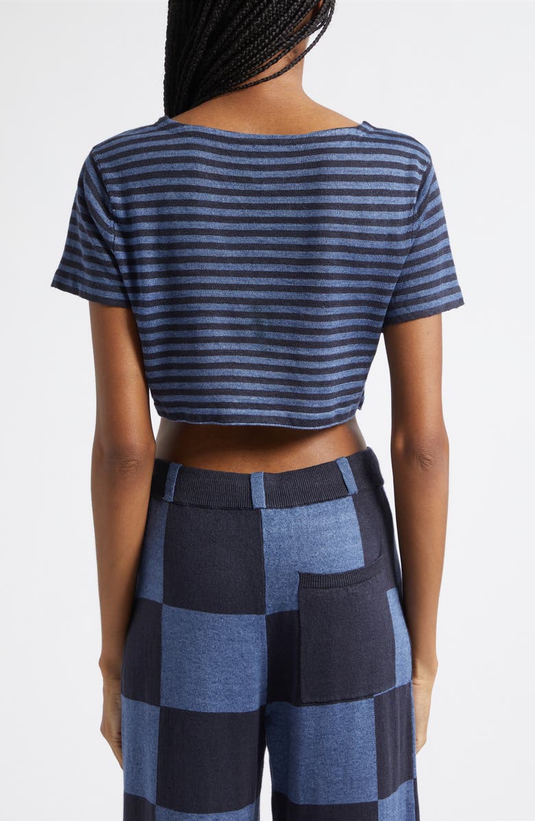 YanYan Daisy Stripe Crop Short Sleeve Linen Sweater, Alternate, color, Denim