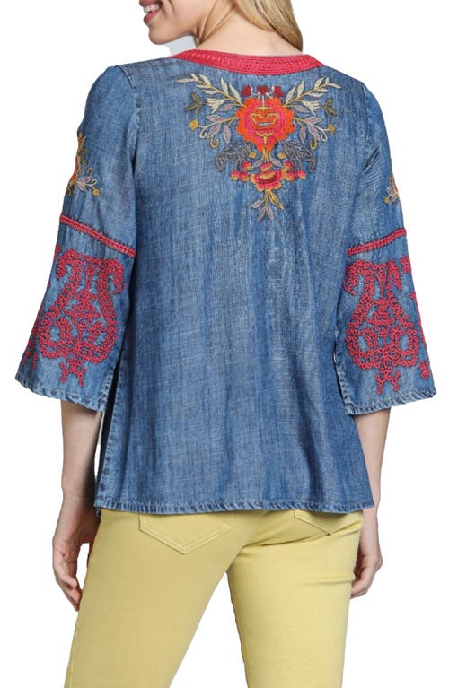 Apny Floral Embroidered Denim Top In Indigo