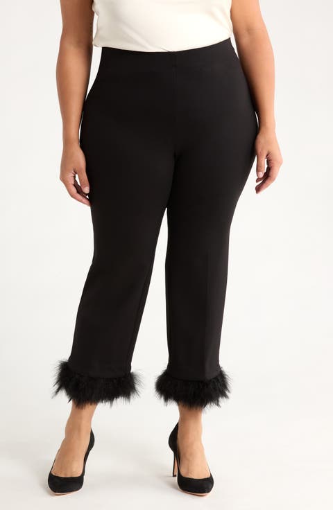 Crop Feather Trim Pull-On Pants (Plus)