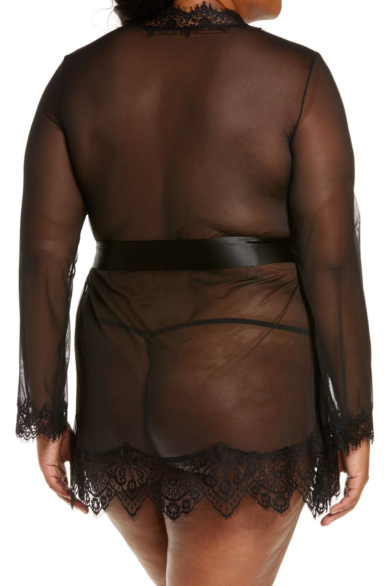 Lace Trim Mesh Robe & G-String Set, Alternate, color, BLACK